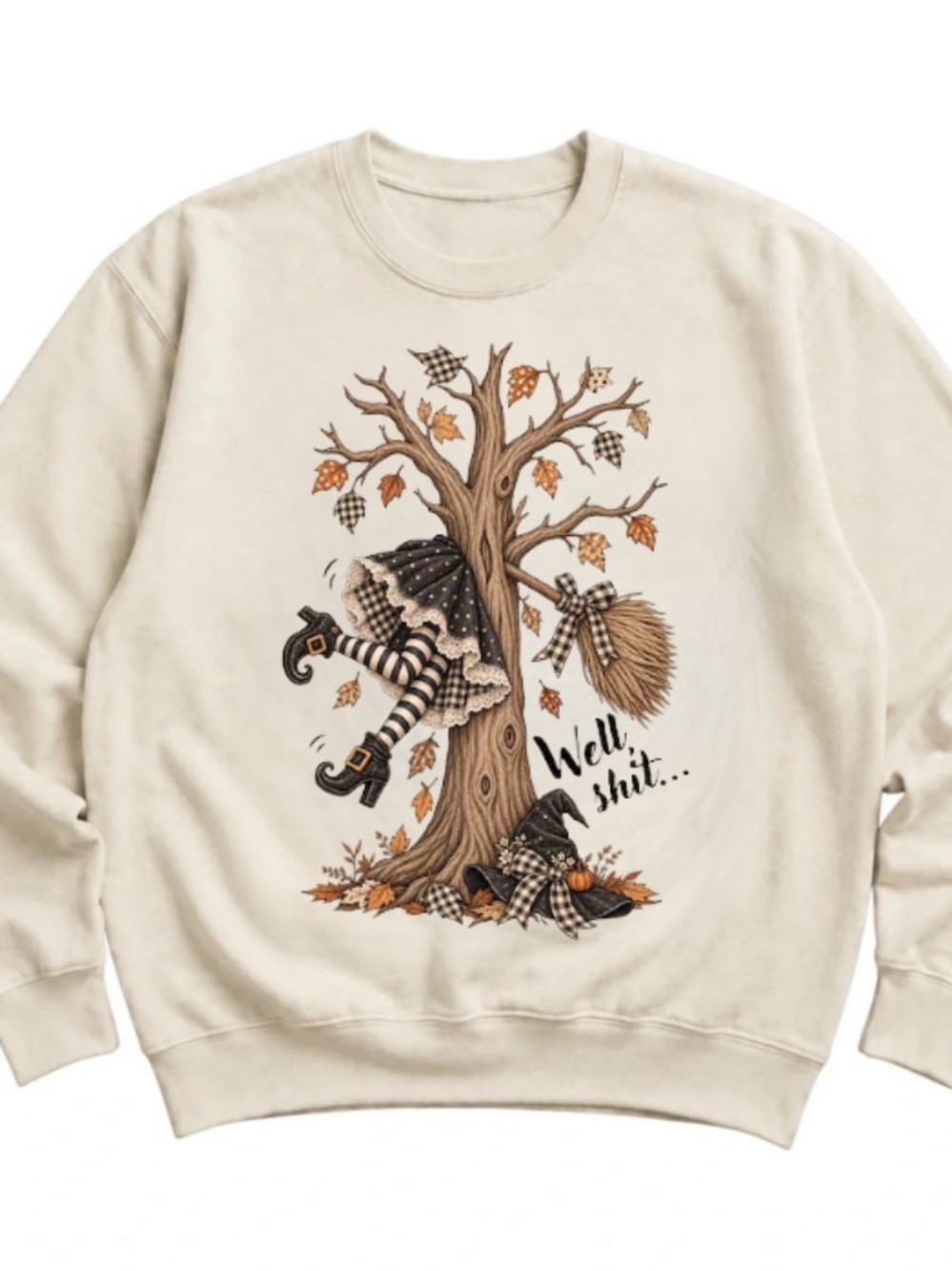 Cream Graphic Crewneck Sweatshirt with Witch Tree Illustration